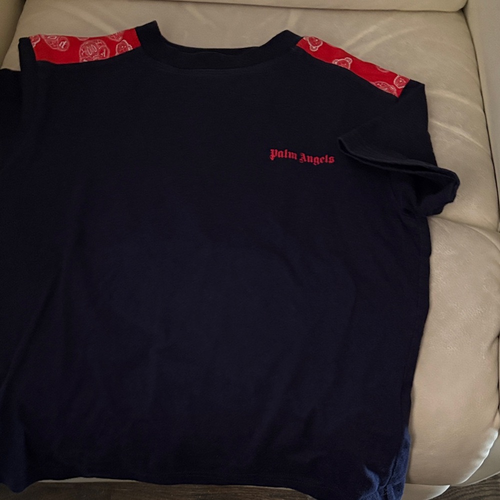 Palm Angels navy Tee with Red Logo and Shoulder Panels